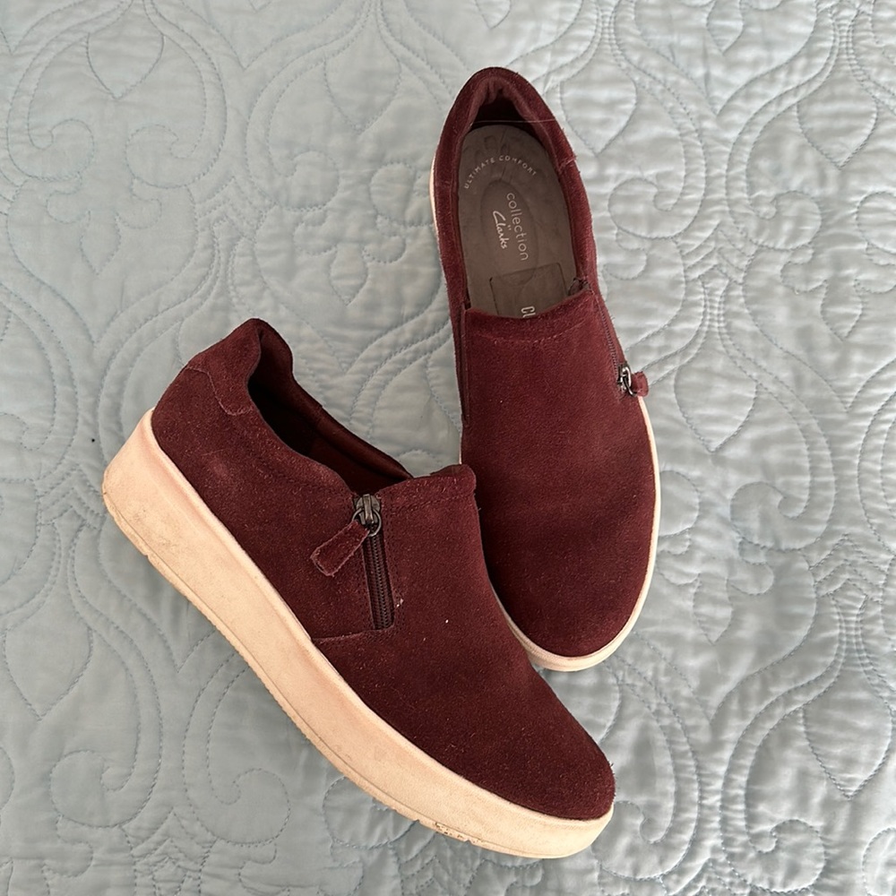 Burgundy suede-y slip ons